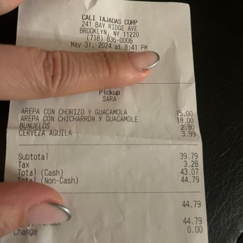 Cali Tajadas - Receipt of over charge prices - Colombian Near Me - Bay Ridge, New York