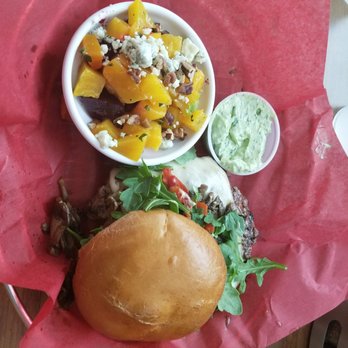 Joe's Farm Grill - Fontina burger with pecan pesto on the side and beet salad - American Near Me - Gilbert, Arizona Joe's Farm Grill - Fontina burger with pecan pesto on the side and beet salad - American Near Me - Gilbert, Arizona