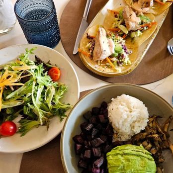 Almighty Bistro - Ohana rice bowl with side salad and mahi mahi tacos - Gluten-Free Near Me - El Dorado Hills, California