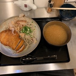 Katsu soba. Cold soba noodles with pork cutlet, green onions, and bonito flake. I asked for my broth on the side.