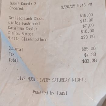Cielos - $92.38 9/2025 --2 drinks, salmon, burger, lamb chops for appy. Very edible but not a go-to. Better for HHr n music - Breakfast & Brunch Near Me - Tucson, Arizona Cielos - $92.38 9/2025 --2 drinks, salmon, burger, lamb chops for appy. Very edible but not a go-to. Better for HHr n music - Breakfast & Brunch Near Me - Tucson, Arizona