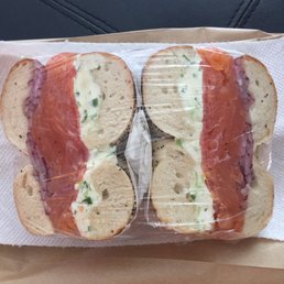 NY Style Everything Bagel with scallion cream cheese. What a beautiful wrap-job they did! No skimping on the fresh lox, either. Love!
