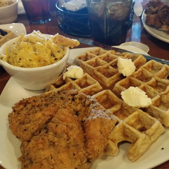 Dame's Chicken and Waffles - Mac cheese chicken cutlet and waffle with sweet tea - New American Near Me - Cary, North Carolina Dame's Chicken and Waffles - Mac cheese chicken cutlet and waffle with sweet tea - New American Near Me - Cary, North Carolina