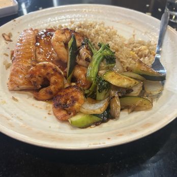 Kobe Steakhouse and Sushi - My plate with less than a spoonful of veggies, 5 shrimp and RAW salmon - Steakhouses Near Me - Lake Worth, Texas