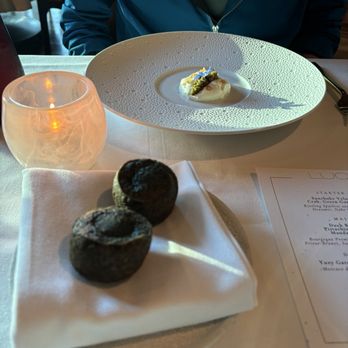 Luce - Squid ink muffins with egg yolk gel - Wine Bars Near Me - San Francisco, California Luce - Squid ink muffins with egg yolk gel - Wine Bars Near Me - San Francisco, California