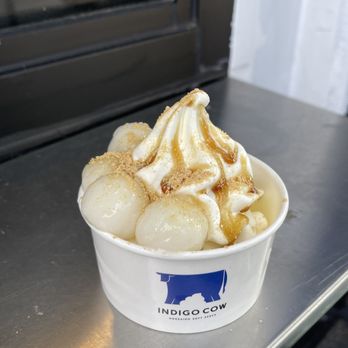 Indigo Cow - Small soft serve with MBR (Mochi, brown sugar syrup, roasted soybean powder) - Ice Cream & Frozen Yogurt Near Me - Seattle, Washington Indigo Cow - Small soft serve with MBR (Mochi, brown sugar syrup, roasted soybean powder) - Ice Cream & Frozen Yogurt Near Me - Seattle, Washington