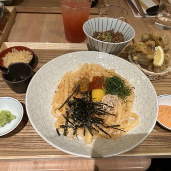 Zaru - Hokkaido Uni Udon, Sliced Beef, Mushroom Tempura, Mentaiko Mayo, - Japanese Near Me - Orlando, Florida Zaru - Hokkaido Uni Udon, Sliced Beef, Mushroom Tempura, Mentaiko Mayo, - Japanese Near Me - Orlando, Florida