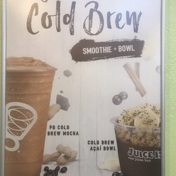Juice It Up! - Signboard for Juice It Up! featuring cold brew mocha, açaí bowl, and coffee beans, with illustrations of drinks and toppings. - Juice Bars & Smoothies Near Me - Albuquerque, New Mexico