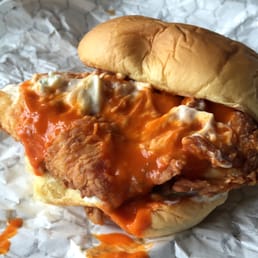 Big City Chicken's Hot & Spicy Chicken Sandwich, smothered in a spice-killing sea of blue cheese mayonnaise