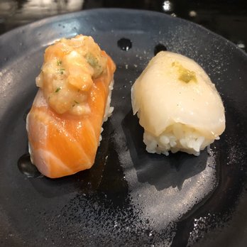 Sushi Sasabune - Salmon on salmon (left) & scallop - Sushi Bars Near Me - Honolulu, Hawaii