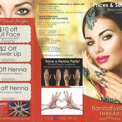 Bonita Eyebrows Threading & Henna Art - $10 off Full Face Promotion going on right now! Walk-ins Welcome