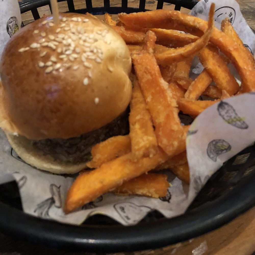 Hamburger and sweet potato fries - don't order this. Hamburger wasn't good but fries were Hamburger and sweet potato fries - don't order this. Hamburger wasn't good but fries were