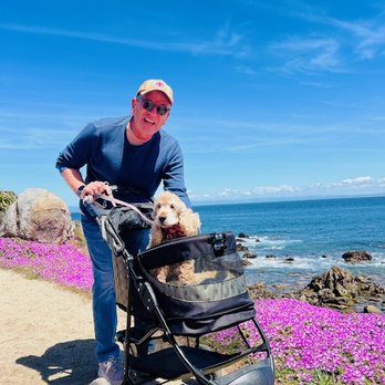 Monterey Bay Coastal Trail - My husband & Zoey & a blanket of pink flowers - Hiking Near Me