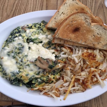 Olympic Cafe - Spinach feta omelette with mushrooms, hash browns and rye toast. - Mediterranean Near Me - San Diego, California
