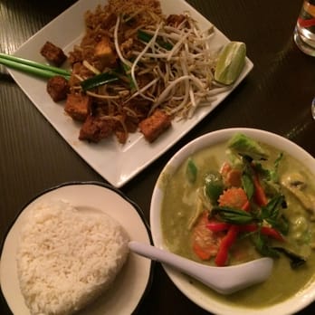 Nine & Nine Thai Kitchen - Tofu pad thai, vegetable green curry and rice in the shape of a heart... because who doesn't love rice?! - Thai Near Me - Pasadena, California