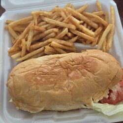 Captain Seafood Restaurant - Shrimp po-boy basket.