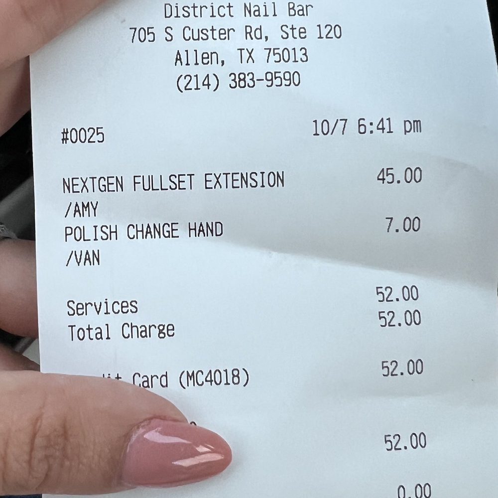 District Nail Bar - Charged me for "extensions" I didn't get any. I told her I had a tip on one nail and wanted it removed and she never removed. - Nail Salons Near Me - Allen, Texas District Nail Bar - Charged me for "extensions" I didn't get any. I told her I had a tip on one nail and wanted it removed and she never removed. - Nail Salons Near Me - Allen, Texas