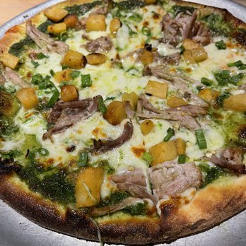 Monkeypod Kitchen - Kalua Pork & Pineapple kalua pork, macnut pesto, roasted pineapple, jalapeño, green onion - Hawaiian Near Me - Kapolei, Hawaii