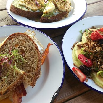 Blueys Kitchen - Summer Squash Pancakes; Fried Egg Sandwich; and Sweet Halloumi Tartine - Cafes Near Me - Santa Monica, California