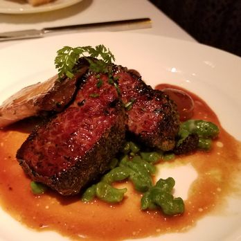 Gary Danko - Juniper Crusted Bison with King Trumpet Mushrooms, Cipollini Onions and Herb Spatzle. - New American Near Me - San Francisco, California Gary Danko - Juniper Crusted Bison with King Trumpet Mushrooms, Cipollini Onions and Herb Spatzle. - New American Near Me - San Francisco, California