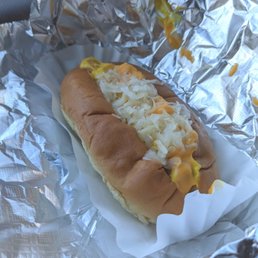 Veggie hot dog with cheese, mustard, & light kraut. Veggie hot dog with cheese, mustard, & light kraut.