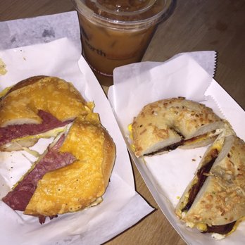 Ideal Bagel - The Dottie Bagel on Sharp Cheddar, the Cadillac Bagel on Onion, and Almond Milk Iced Coffee. Yummm! - Breakfast & Brunch Near Me - Athens, Georgia Ideal Bagel - The Dottie Bagel on Sharp Cheddar, the Cadillac Bagel on Onion, and Almond Milk Iced Coffee. Yummm! - Breakfast & Brunch Near Me - Athens, Georgia