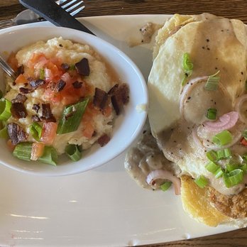 Another Broken Egg Cafe - Country Fried Steak Benedict with a side of City Grits - Breakfast & Brunch Near Me - Lexington, South Carolina Another Broken Egg Cafe - Country Fried Steak Benedict with a side of City Grits - Breakfast & Brunch Near Me - Lexington, South Carolina