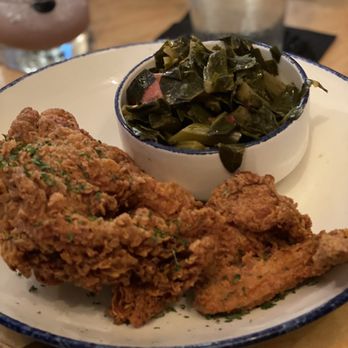 Taste Bar + Kitchen - Chicken and Waffles, I subbed Collard Greens in for the Waffle. (White Meat) - Cocktail Bars Near Me - Houston, Texas