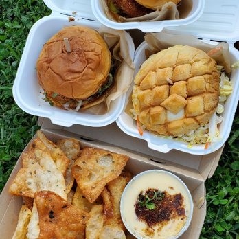 Bopomofo Cafe - 2 honey walnut shrimp burgers, spicy TW fried chicken, and Sichuan queso with scallion pancake chips - Bubble Tea Near Me - San Gabriel, California Bopomofo Cafe - 2 honey walnut shrimp burgers, spicy TW fried chicken, and Sichuan queso with scallion pancake chips - Bubble Tea Near Me - San Gabriel, California