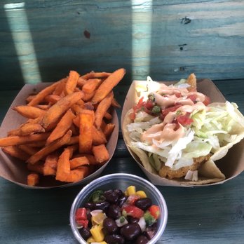 Shrimp N Stuff - Catfish taco and sweet potato fries with black bean salsa - Seafood Near Me - Galveston, Texas Shrimp N Stuff - Catfish taco and sweet potato fries with black bean salsa - Seafood Near Me - Galveston, Texas