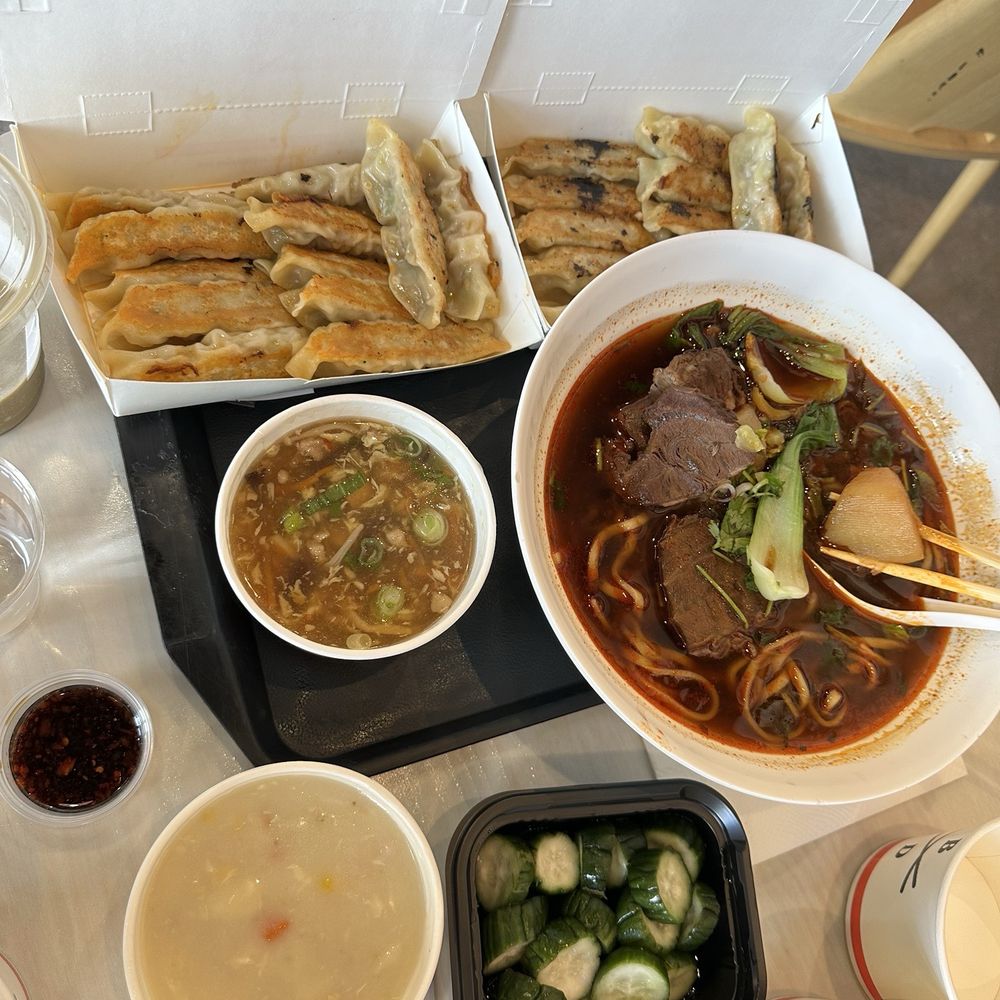 Bafang Dumpling - Top: Kimchi & Signature Potstickers Middle: Hot & Sour Soup and Mala Beef Noodle Soup (Spicy) Bottom: Corn Chowder & Cucumber Salad - Bubble Tea Near Me - Temple City, California