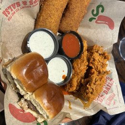Burger slider, fried cheese and boneless chicken wings