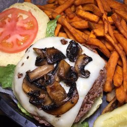 Sheri's Place - Mushroom Swiss Burger with Sweet Potato Fries