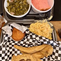 Lorraine's Soul Food & Catering - Fried catfish - greens- smack and cheese - strawberry cake