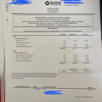 Banfield Pet Hospital - What it cost for the visit $139.90 for "office visit" for both dogs - Veterinarians Near Me - Brea, California Banfield Pet Hospital - What it cost for the visit $139.90 for "office visit" for both dogs - Veterinarians Near Me - Brea, California
