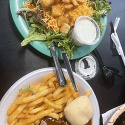 Shady Acres Village - Hamburger steak, fries, salad from the Menu ordering line.