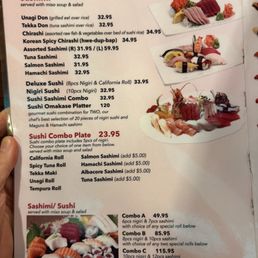 Sushi and sashimi menu