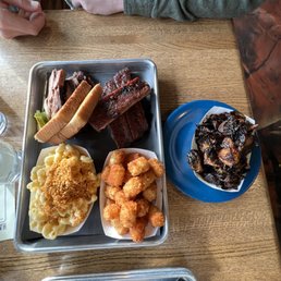 2-Meat Platter - ribs, brisket, Mac & cheese, bbq tots, & an extra side of Brussel sprouts 2-Meat Platter - ribs, brisket, Mac & cheese, bbq tots, & an extra side of Brussel sprouts