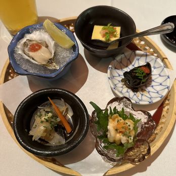 Bluefin - Appetizer course - including my favorite kuramoto oyster - Sushi Bars Near Me - Newport Coast, California