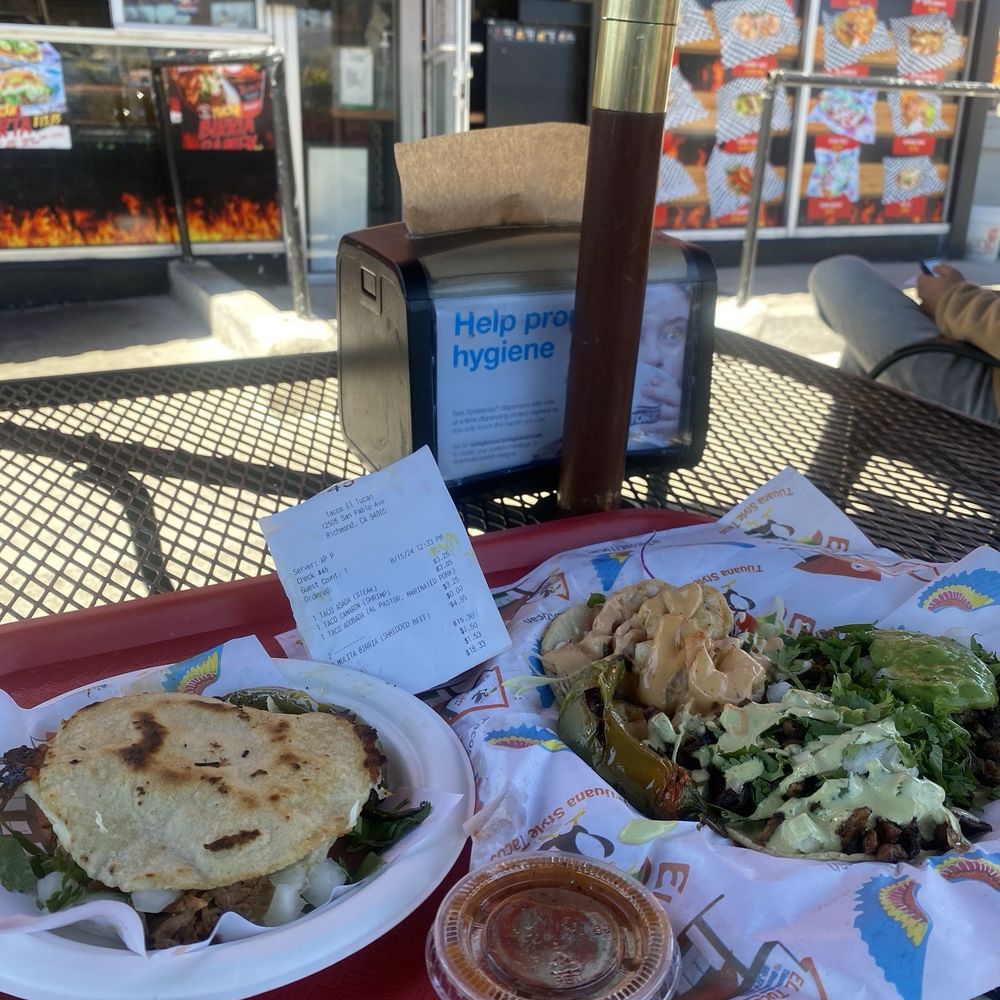 Tacos El Tucan - L. Mulita (4.95), right plate: L. Shrimp taco-top, asada taco-top right, adobada taco-bottom - Mexican Near Me - Richmond, California Tacos El Tucan - L. Mulita (4.95), right plate: L. Shrimp taco-top, asada taco-top right, adobada taco-bottom - Mexican Near Me - Richmond, California