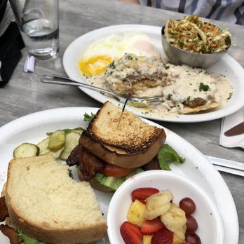 From Scratch Restaurant - Biscuits and Gravy w Asian Slaw, and BLAT on dough dough w fruit salad. - Breakfast & Brunch Near Me - Carmel, California From Scratch Restaurant - Biscuits and Gravy w Asian Slaw, and BLAT on dough dough w fruit salad. - Breakfast & Brunch Near Me - Carmel, California