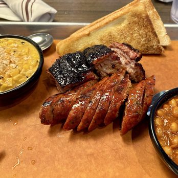 Meat Mitch Barbecue - This is a two meat All-Star platter. I chose burnt ends, jalapeño-jack sausage, jalapeño cheesy corn and beans. - Barbeque Near Me - Leawood, Kansas Meat Mitch Barbecue - This is a two meat All-Star platter. I chose burnt ends, jalapeño-jack sausage, jalapeño cheesy corn and beans. - Barbeque Near Me - Leawood, Kansas