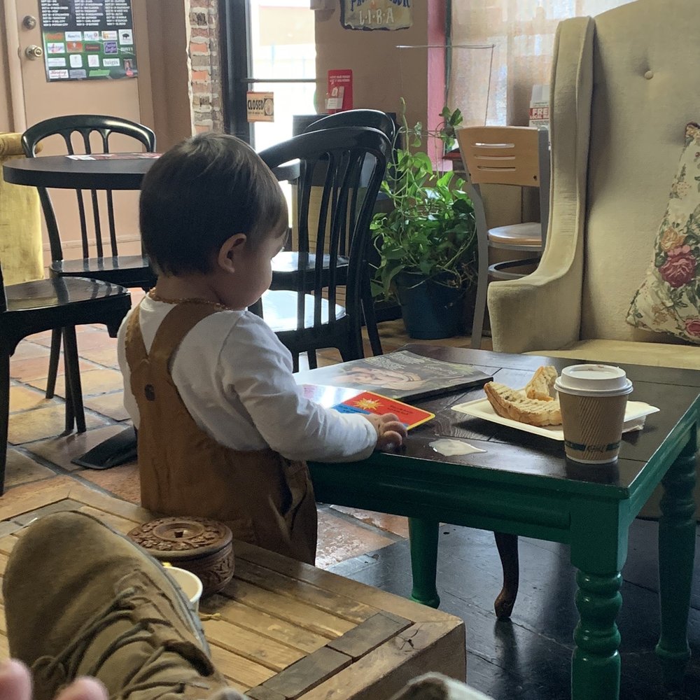 My son found books and toys to keep him occupied while we relaxed and enjoyed our food and coffee. My son found books and toys to keep him occupied while we relaxed and enjoyed our food and coffee.