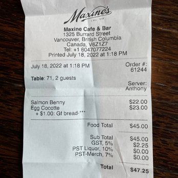 Maxine's Cafe & Bar - Receipt - Bars Near Me - Vancouver, British Columbia Maxine's Cafe & Bar - Receipt - Bars Near Me - Vancouver, British Columbia