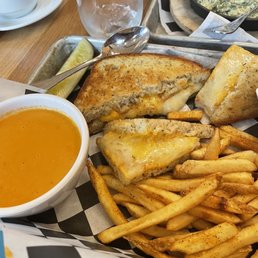 K101 Grilled Cheese with tomato soup, Add Fries. Look at all of that gooey cheese!! So delicious  Oh, at the top is the Kale Dip-yum