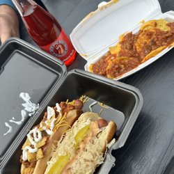 The Wacked Out Weiner - Frito Pie dog, Reuben dog, chili cheese nachos, and a strawberry soda.