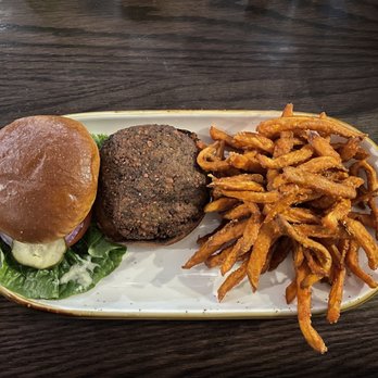 Jackson Drug - Veg Head burger (falafel burger) with sweet potato fries - American Near Me - Jackson, Wyoming