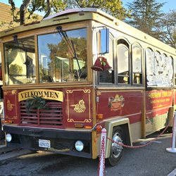 Solvang Motorized Trolleys pickup at the corner of Copenhagen and 2nd St., across from the Visitor Center.