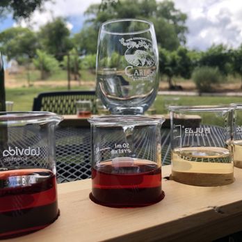 Carlson Vineyards - four glasses of wine and a bottle of wine - Wineries Near Me - Palisade, Colorado