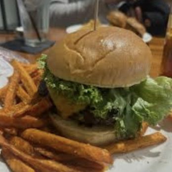 Mystic Grill - Mystic Burger with sweet potato fries - Southern Near Me - Covington, Georgia Mystic Grill - Mystic Burger with sweet potato fries - Southern Near Me - Covington, Georgia